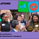 Graphic reads "Congratulations Seattle. 2022 winner in the United in Building a Climate Movement category. #UnitedInAction." Many people are clapping.