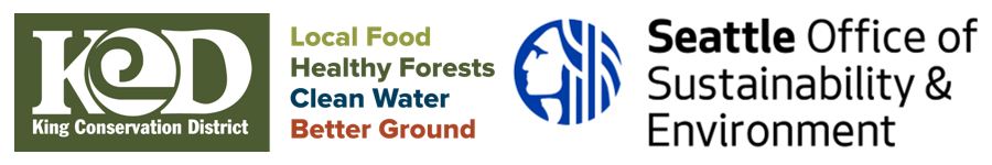 On the left side of the graphic, text reads "King Conservation District. Local food, healthy forests, clean water, better ground." There is the City of Seattle logo in the middle of the graphic. On the right side of the graphic, text reads "Seattle Office of Sustainability and Environment."