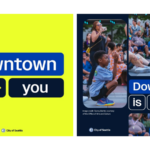 Left: “Downtown is you” logo on bright yellow background. White text says, “Downtown is you” and is placed inside rectangular shapes. City of Seattle logo is at the bottom of the graphic. Right: Picture of a child taking a picture wearing a blue shirt on a navy background. The “Downtown is me” logo is in various shades of blue. City of Seattle logo is at the bottom of the graphic.