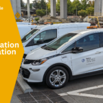 A white electric city car is parked next to a white van. A yellow bar with text reads: "2024 Transportation Electrification Blueprint."