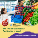 Tex reads: The Fresh Bucks Waitlist Application is open! A woman and child smile while picking out fresh vegetables at the grocery store.