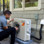 Person installs a heat pump compressor unit outside a home and conducts testing to make sure it is properly installed.