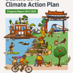 Photo of the cover image of the 2013 Climate Action Plan Progress Report. The design includes illustrations from a local artist depicting scenes in the PNW such as a stand up paddle boarder, bike rider, crow, arboretum.