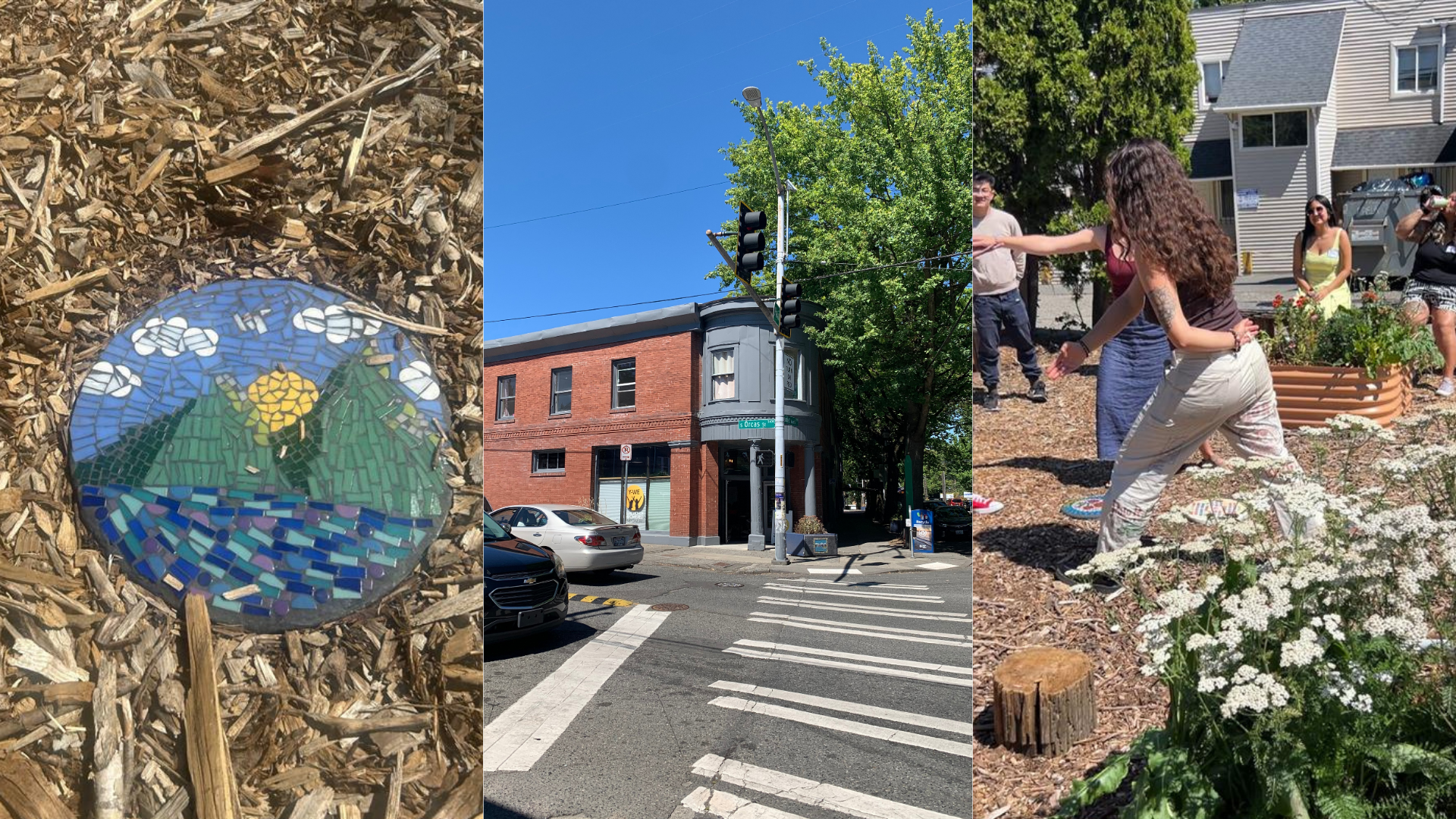Left: Mosaic steppingstone in Y-WE's garden, Middle: Exterior view of blue and brick building on a corner next to a big leafy tree. Right: Participants and organizers playing a game in Y-WE'S woodchipped area.