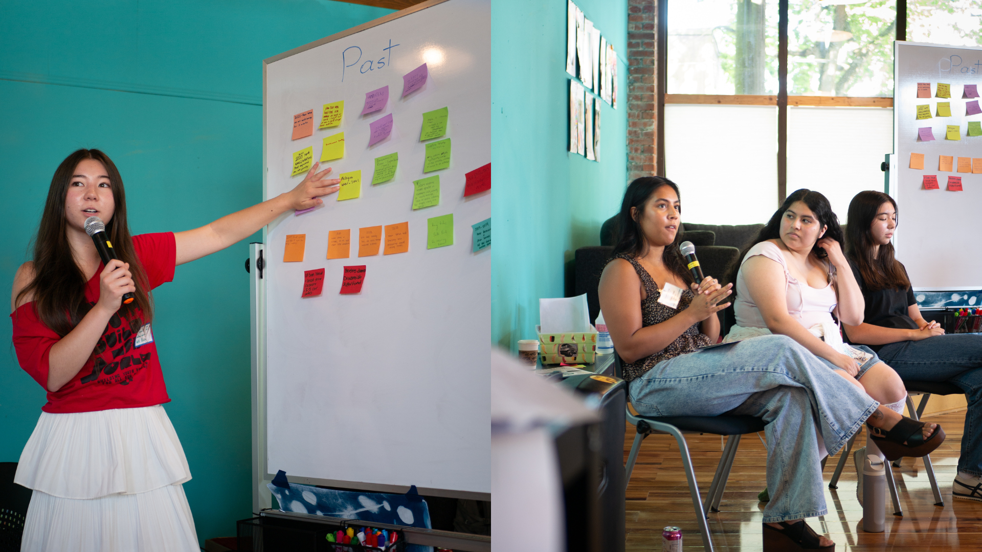 Left: Towa Nakano-Harris pointing to a whiteboard covered with writing that reads “Past” above colorful arrangement of sticky notes. Right: Youth participants sitting next to whiteboard with one person holding a microphone and talking.