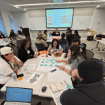 Participants gather at multiple tables in a conference room at tables with priority items and notepads documenting related topics discussed.