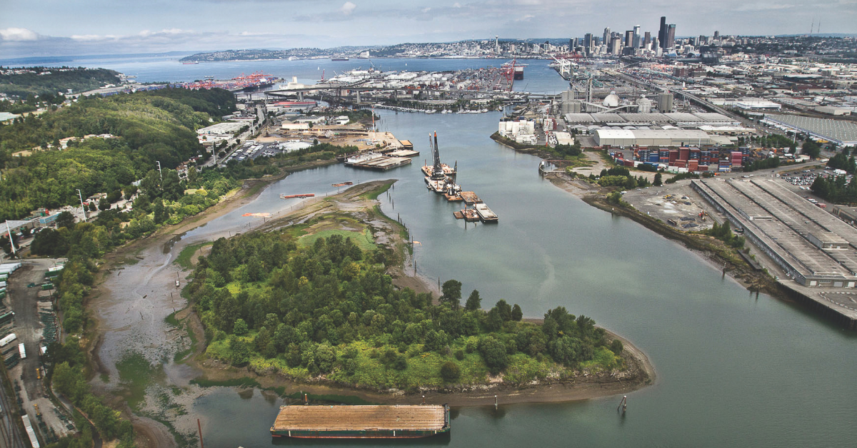 View of Duwamish River from above on a clear day with boats passing through.