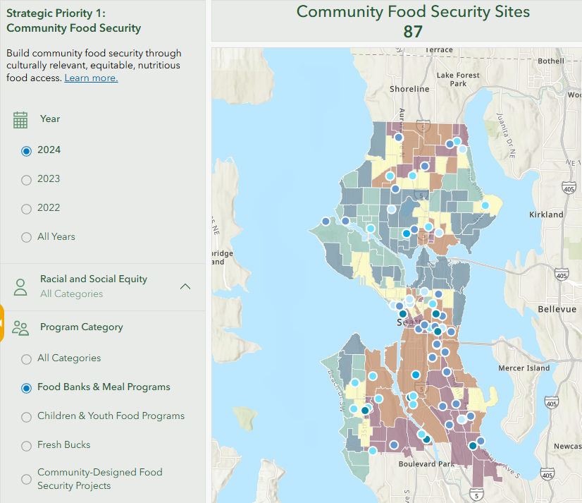 Map showing 87 community food security sites in Seattle for 2024, highlighting food banks and meal programs by neighborhood. 