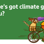 Hand drawn graphic of a person on a bike over a green Climate Action Plan poster, with text reading “Seattle’s got climate goals. Do you?”