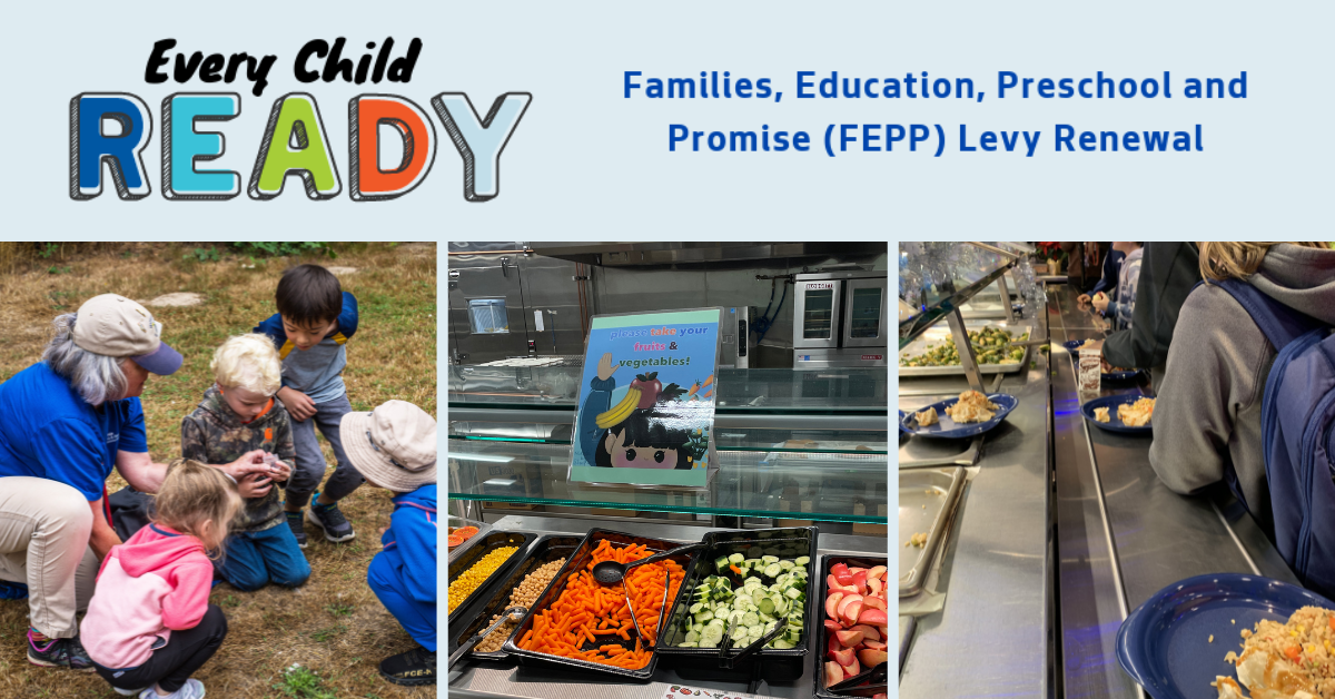 A collage showing people participating in an educational activity, a cafeteria display of fresh fruits and vegetables, and students filling their lunch plates in a school cafeteria.