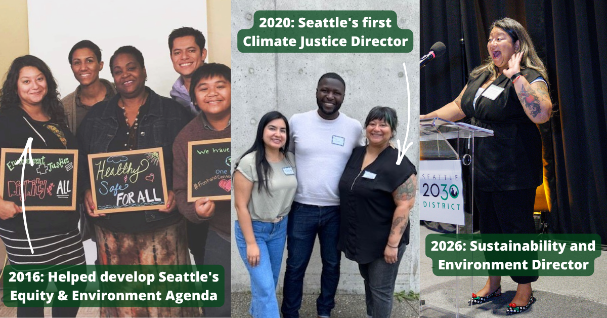Lylianna with other climate justice advocates. Lylianna with Climate Justice team. Lylianna presenting at Seattle 2030 District