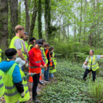 A group of children in yellow safety vests listen to a woman speaking in a bright green forest. 