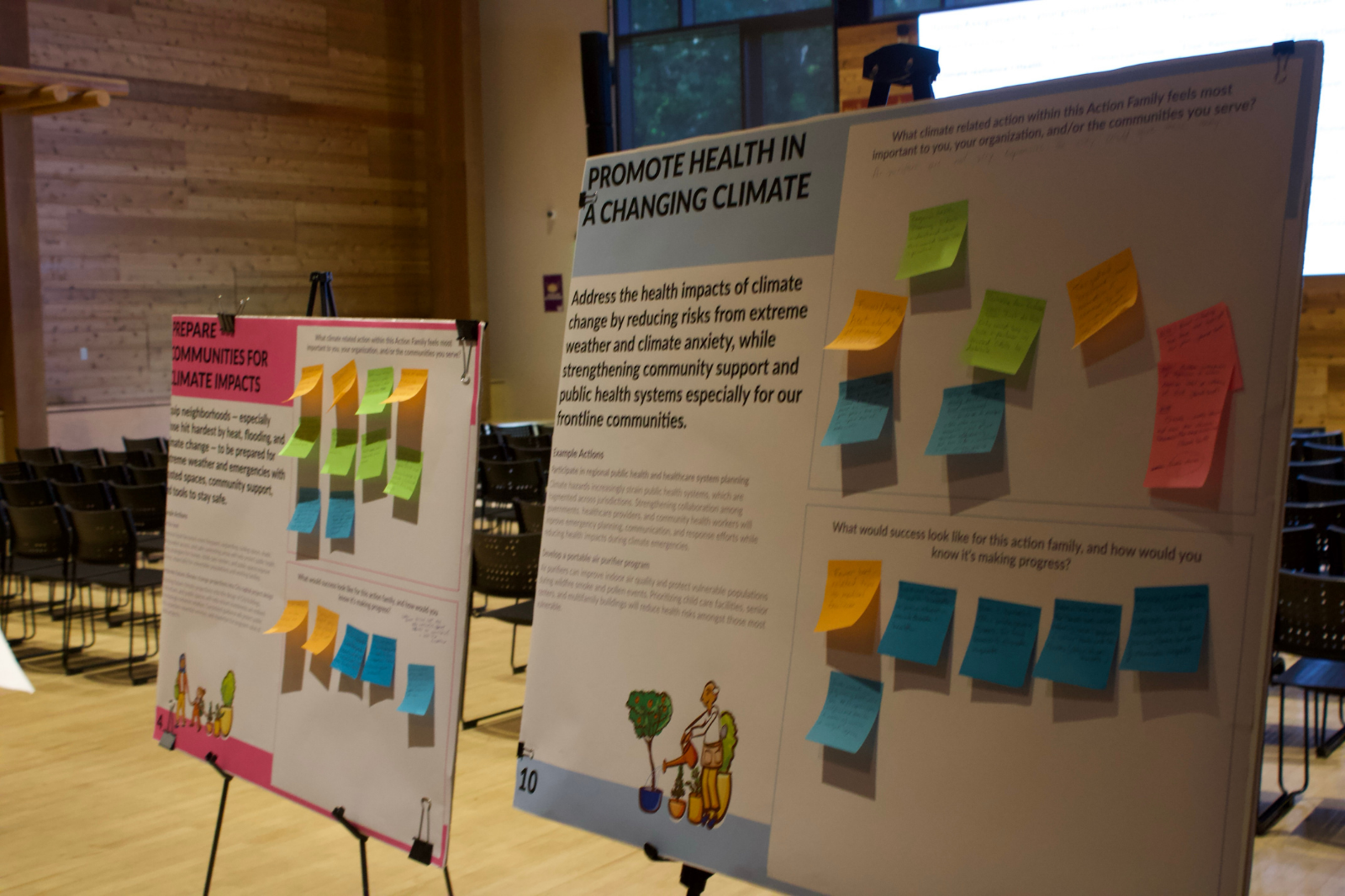 Climate-related display boards with colorful sticky notes in a large room.