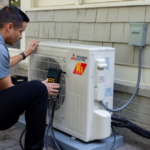 An HVAC technician performs inspections on an outdoor heat pump unit. Credit: Mitsubishi Electric