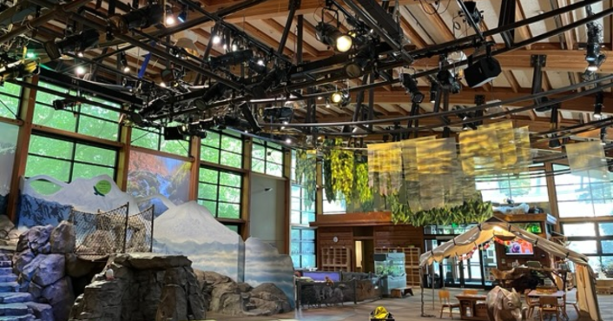 Theatrical LED lighting fixture on the ceiling of Woodland Park Zoo’s Zoomazium in Seattle, Washington.
