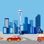 Illustrated graphic of two cars and a bus drive on a road in front of downtown Seattle buildings and a trash can.