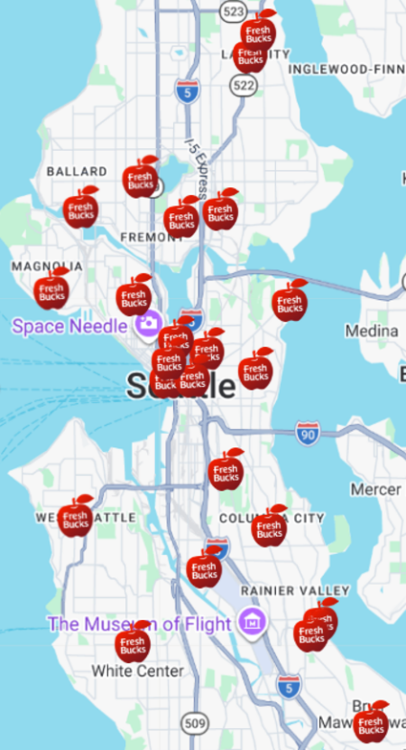  A map of Seattle with multiple red “Fresh Bucks” markers scattered across the city. 

Caption: Farmers markets can be found all across the city, from Lake City in the north to Columbia City in the south, and from the Central District out to West Seattle.  