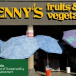 Storefront of Lenny’s Produce with yellow sign, blue umbrellas shading produce, and boxes of goods displayed outside under clear blue sky.